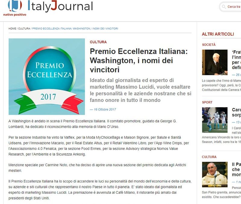 PREMIO ECCELLENZA ITALIANA: WASHINGTON, I NOMI……