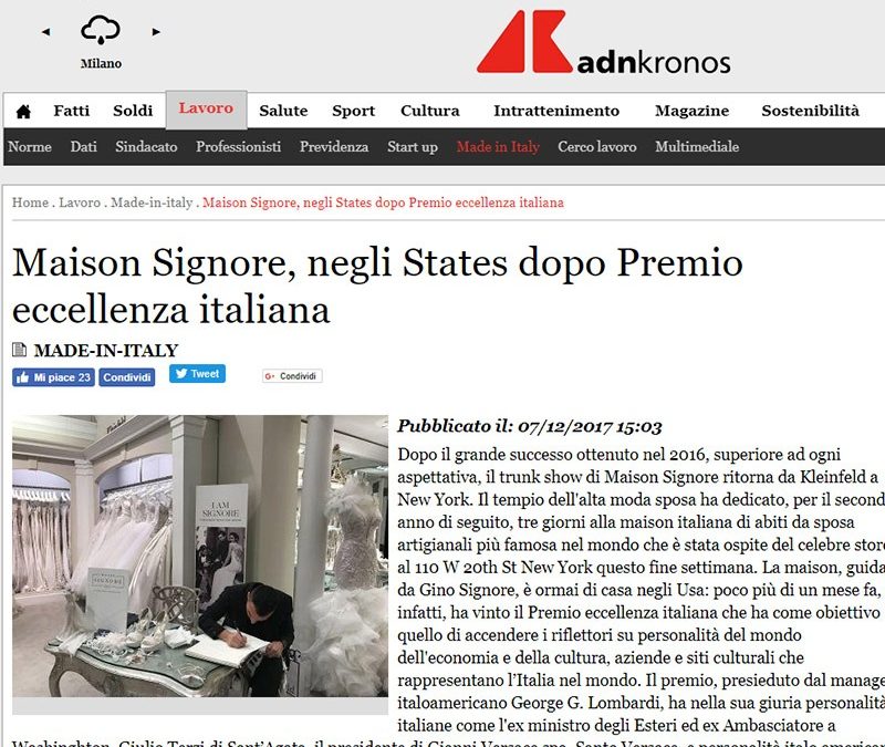 Made in Italy: Maison Signore, negli States dopo Premio eccellenza italiana